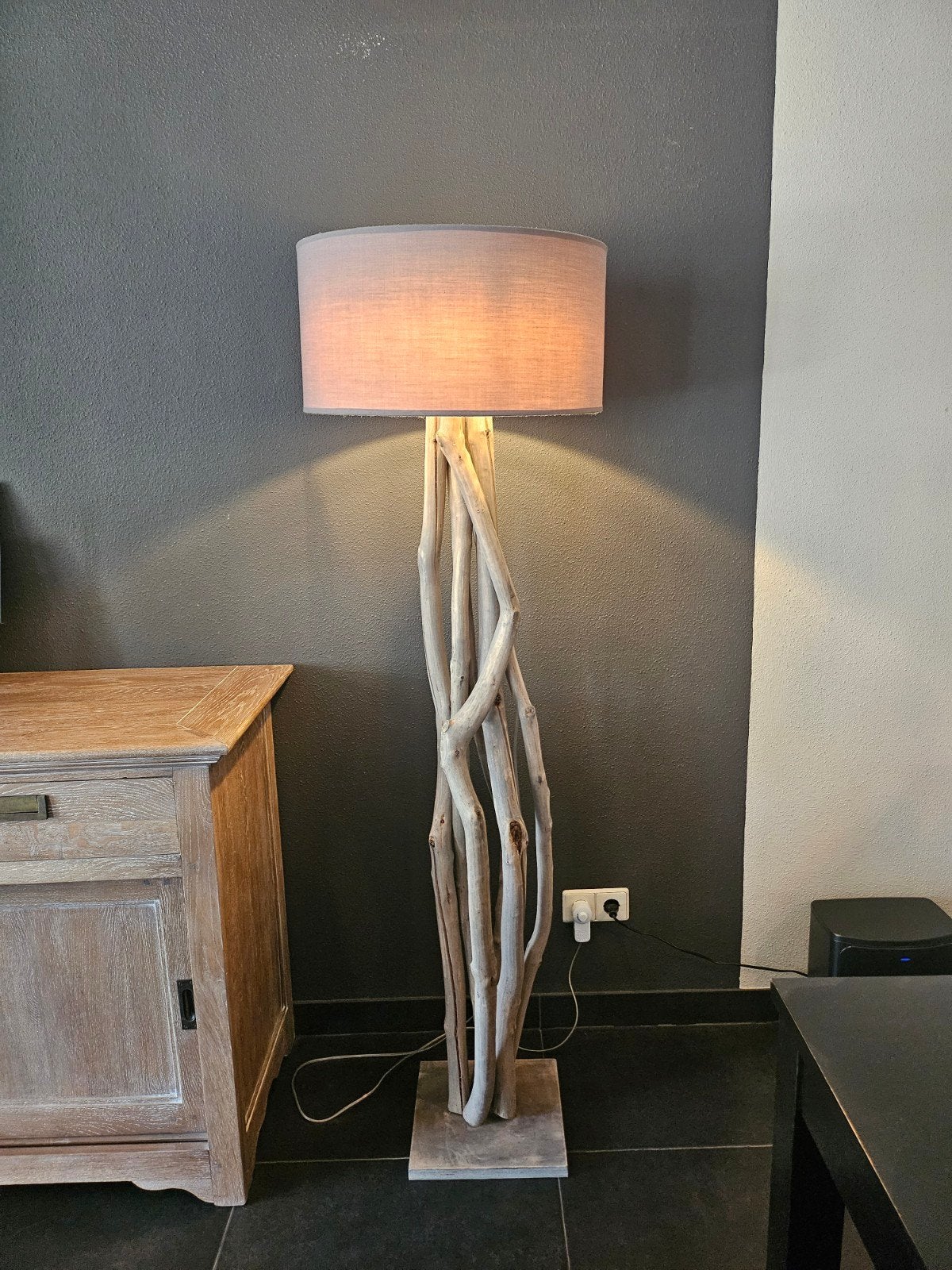 Unieke drijfhout vloerlamp met linnen kap, Ophalen, Landelijk, Bohemian, Natuurlijk, E27 (groot), Zo goed als nieuw