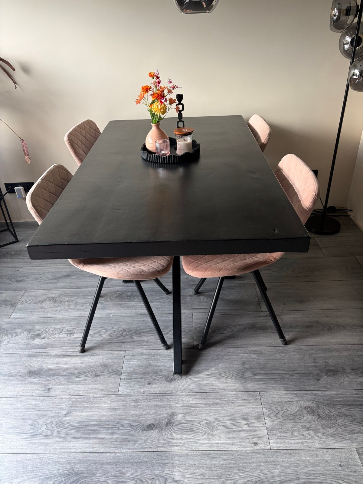 Zwarte mango houten Eettafel 160x90 cm met Metalen Spinpoot, Ophalen, Gebruikt, 50 tot 100 cm, 150 tot 200 cm
