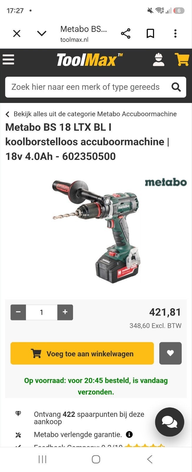 Metabo BS 18 LTX BL I Koolborstelloze Accuboormachine, Doe-het-zelf en Verbouw, Ophalen of Verzenden, Nieuw, 600 watt of meer