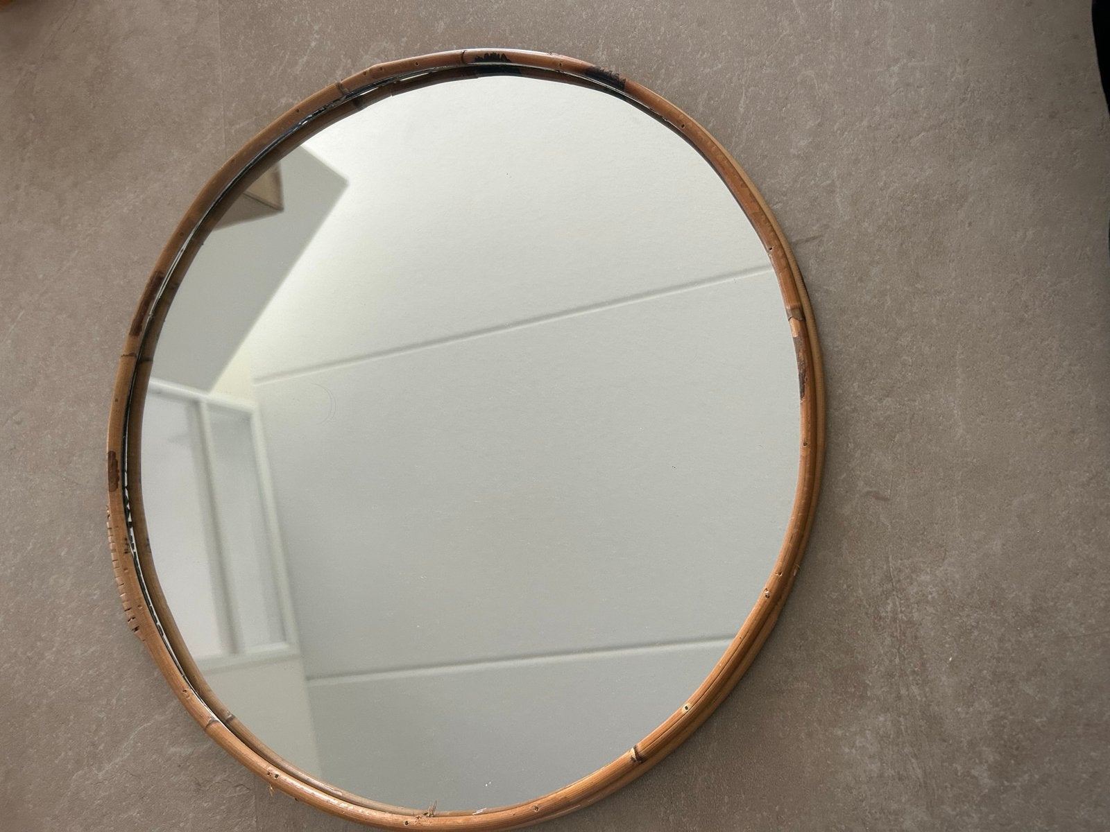 Ronde spiegel met bamboe frame - 40 cm, Minder dan 50 cm, Gebruikt, Rond, Ophalen of Verzenden