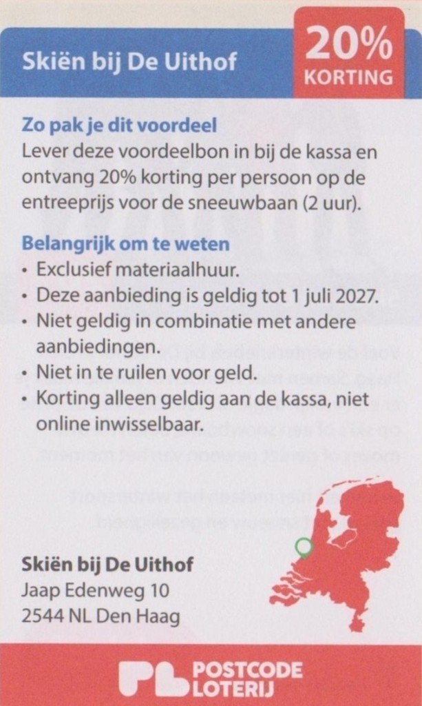 Skiën bij De Uithof 20% korting. Postcodeloterij kortingsbon, Drie personen of meer, Kortingskaart