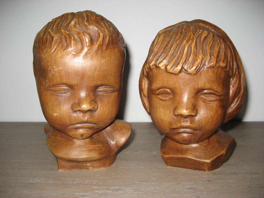 Beelden 2 kinderhoofdjes jongen meisje kinderen 16 cm, Ophalen of Verzenden, Zo goed als nieuw, Mens