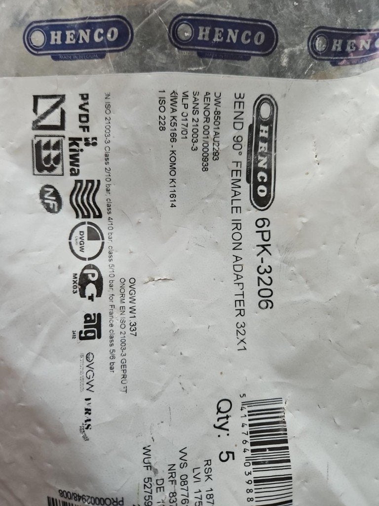5x Henco 6PK-3206 bocht 90 32 x 1" binnendraad – nieuw, Ophalen, Overige materialen, Overige typen, Nieuw