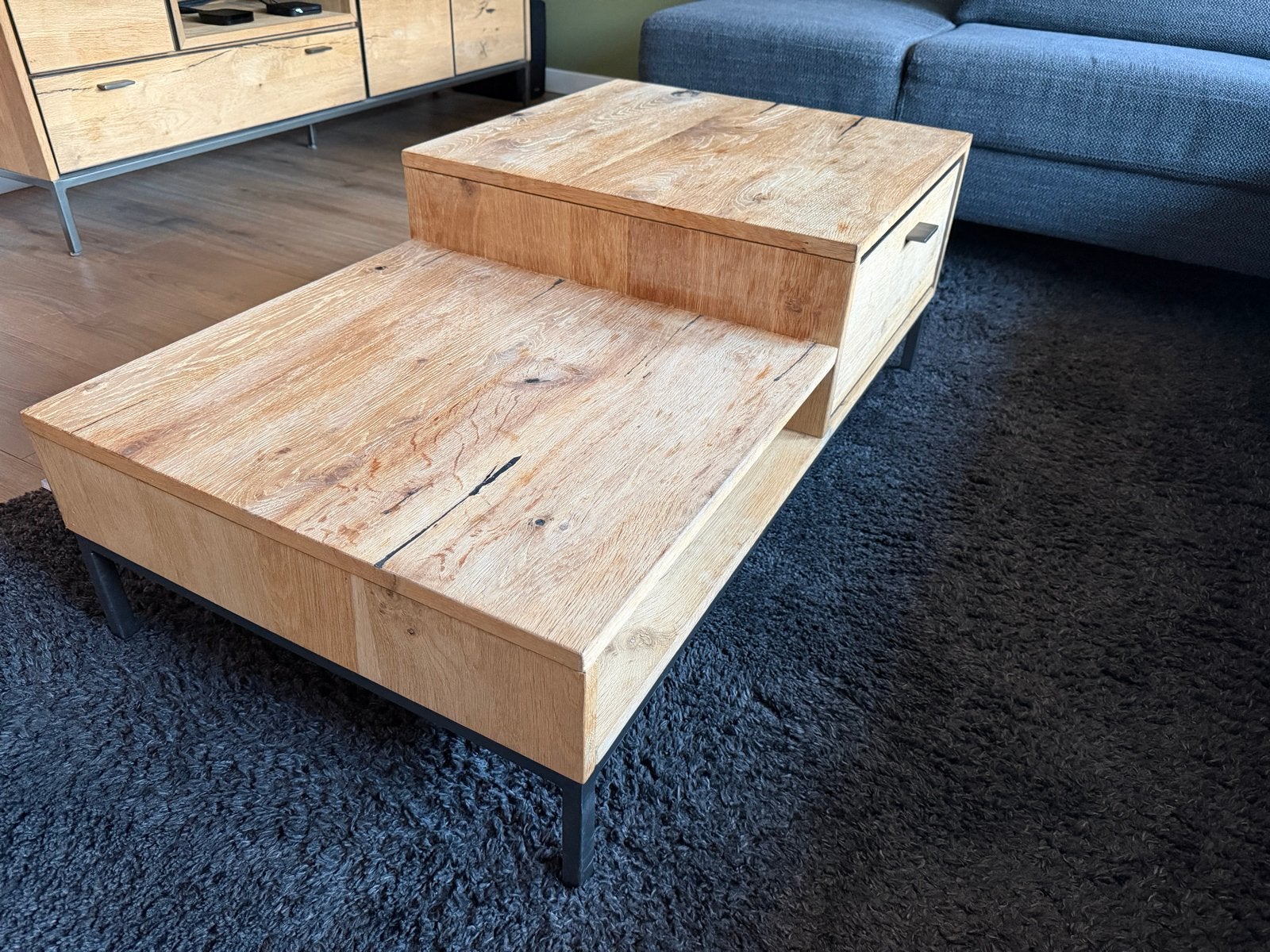 TEAB - Xooon Faneur salontafel eiken met zwart metalen poten, Ophalen, Gebruikt, 100 tot 150 cm, Eikenhout