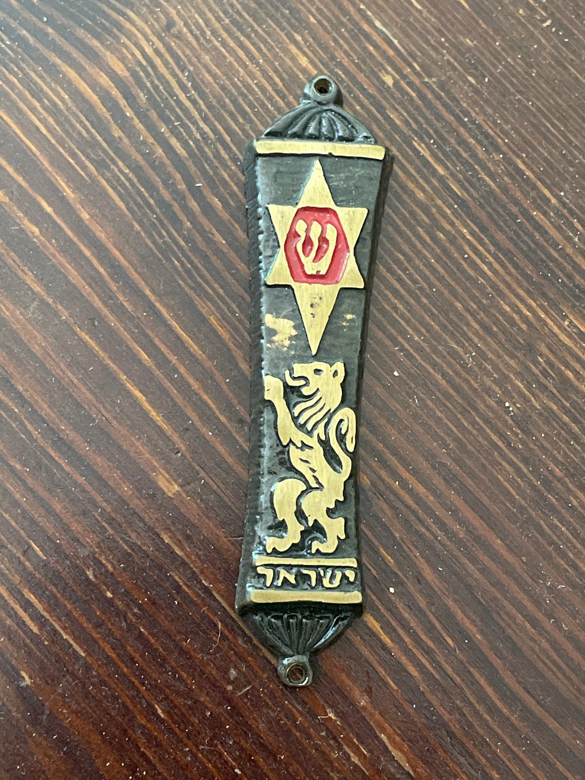 Vintage Mezuzah met Leeuw van Juda en Davidster, Antiek en Kunst, Antiek | Religie, Ophalen of Verzenden