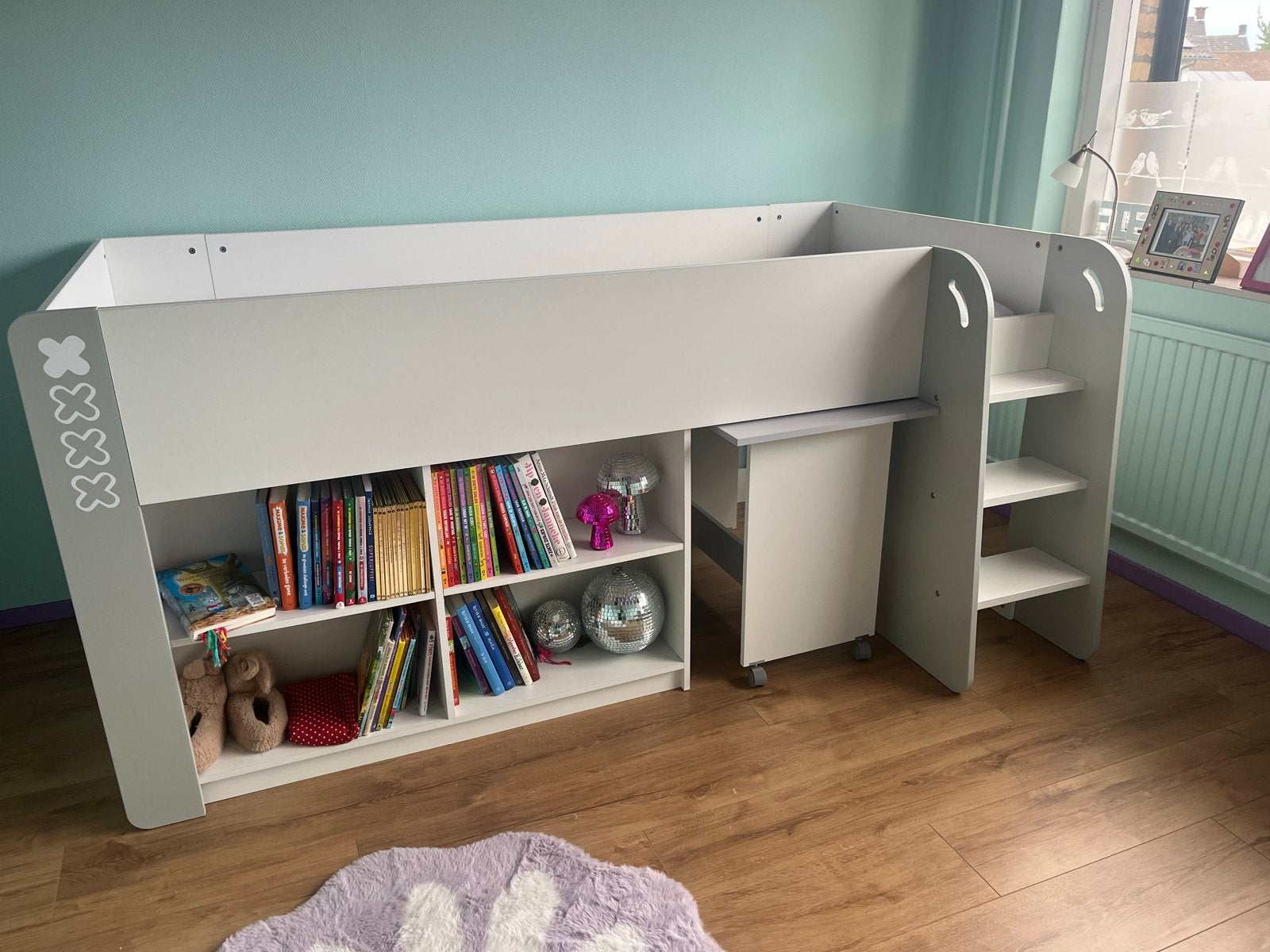 Witte halfhoogslaper met bureau en boekenkast - 90x200cm, Ophalen, 90 cm, Eenpersoons, Minder dan 160 cm