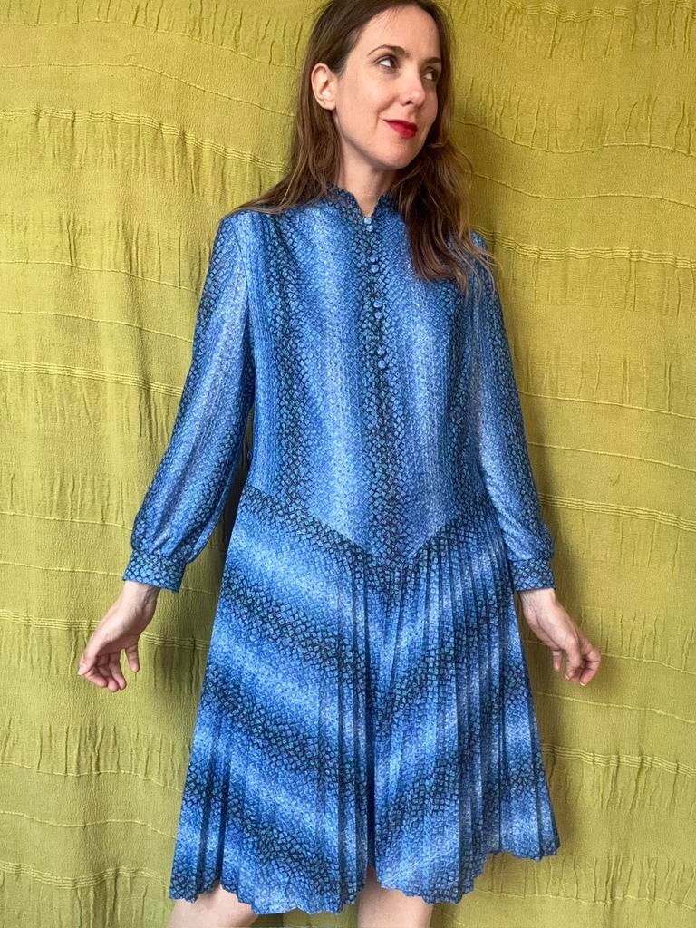 Vintage jurk - blauw - print - jaren 80 - 42 / XL, Kleding | Dames, Jurken, Hgv, Blauw, Hgv, Maat 42/44 (L)