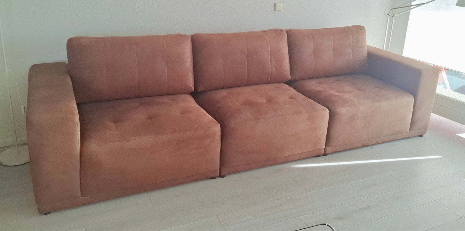 Modulaire bruine 3-zitsbank + 2 poefs + afneembare hoofdsteu, Ophalen, Gebruikt, Modern en comfortabel, 75 tot 100 cm