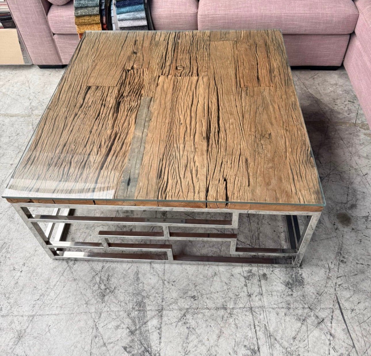 Nieuwe salontafel met houten blad+glasplaat en chrome frame, 50 tot 100 cm, Vierkant, 5 – 50, Nieuw