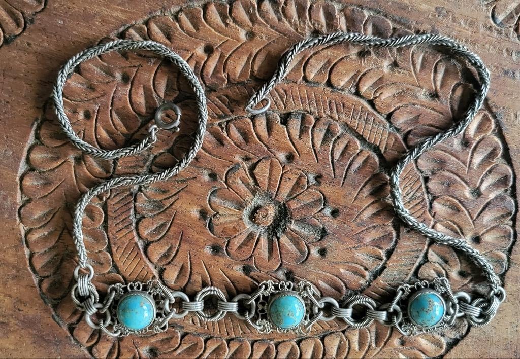 Antieke/Zilver/Ketting/Turquoise/Steen/, Zilver, Zilver, Ophalen of Verzenden, Zo goed als nieuw