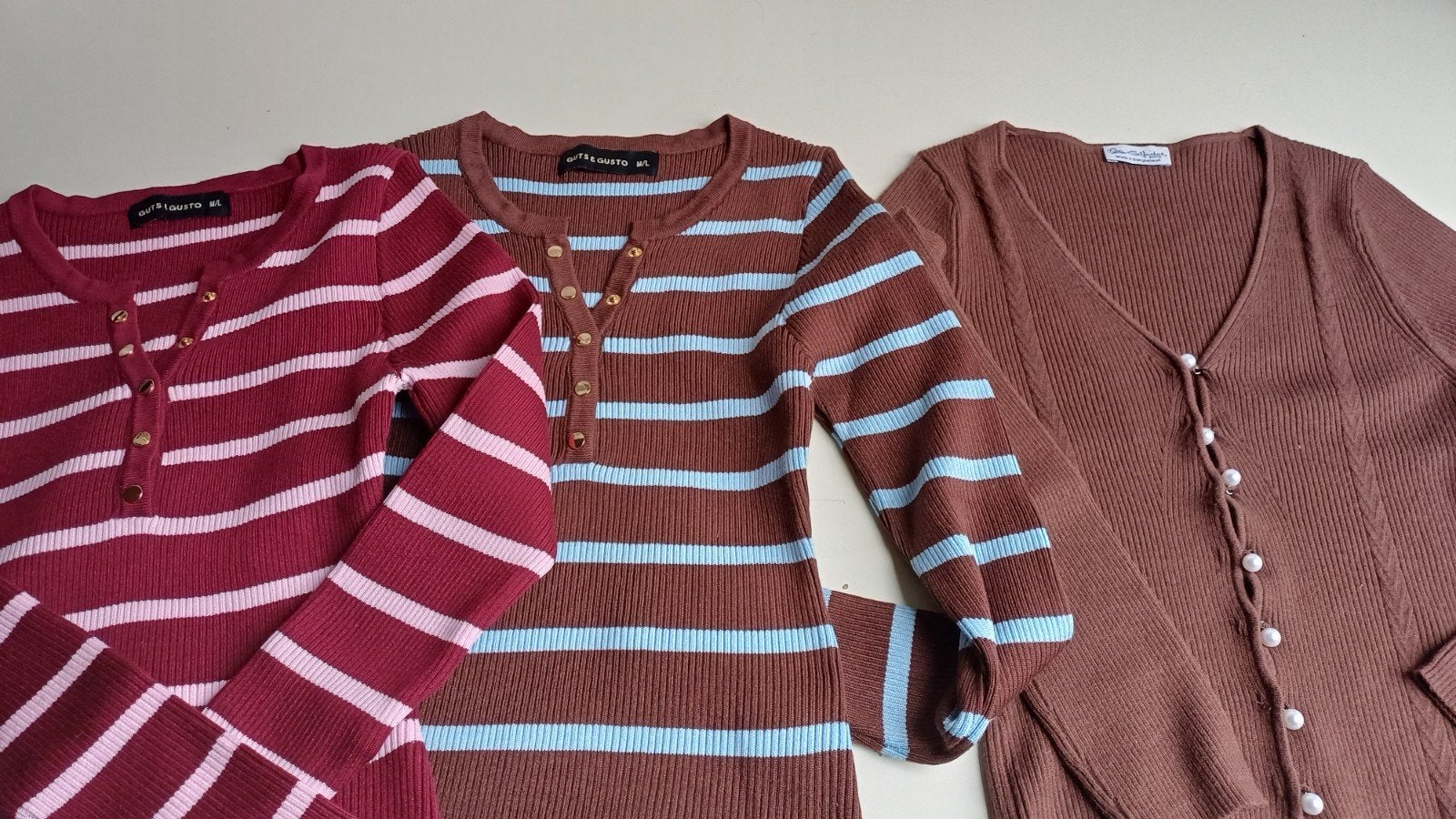 Set van 3 geribbelde tops: vest en gestreepte shirts, Maat 38/40 (M), Overige kleuren, Guts & Gusto, Nieuw