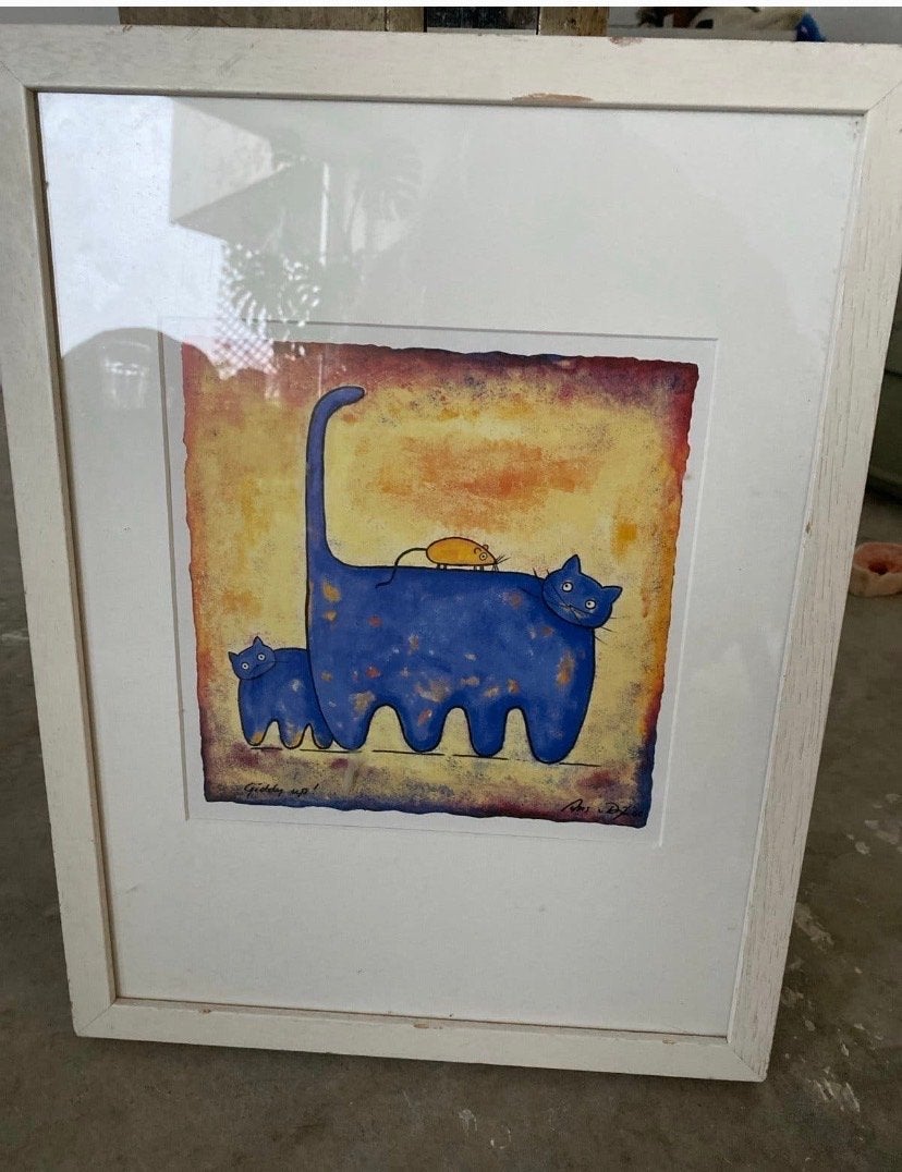 Leuke ingelijste print van katten en muis, Antiek en Kunst, Papier/karton, Ophalen of Verzenden, Print, Dieren