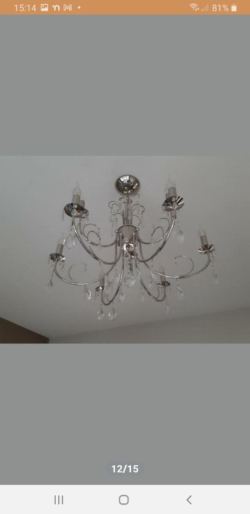 Plafondlamp kroonluchter, van koper en glas., Huis en Inrichting, Lampen | Kroonluchters, Ophalen, Gebruikt, E14 (klein), Plafondlamp kroonluchter, van koper en glas.