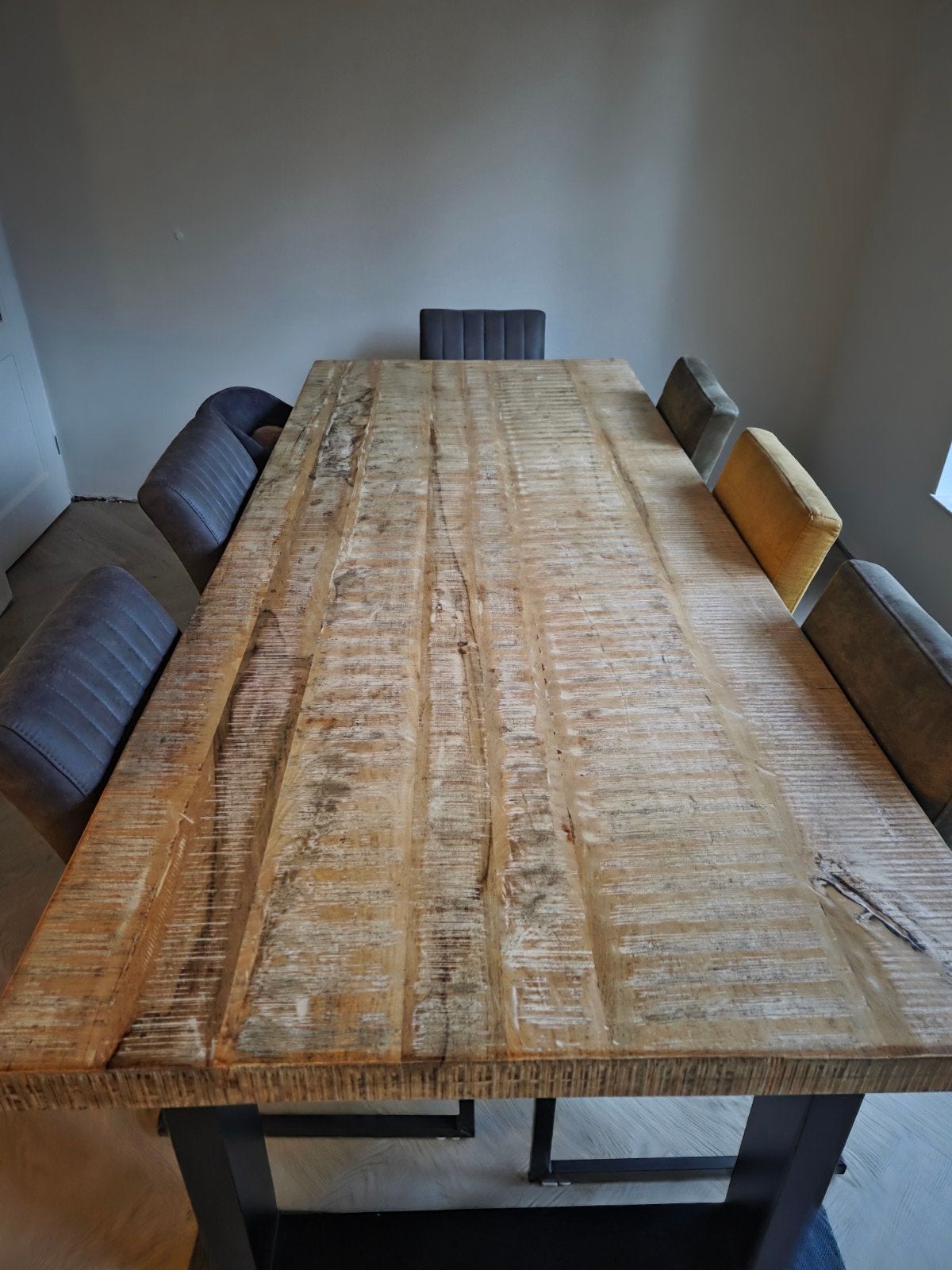 Robuuste eettafel 2.40m met metalen onderstel, Overige houtsoorten, Gebruikt, 100 tot 150 cm, 200 cm of meer