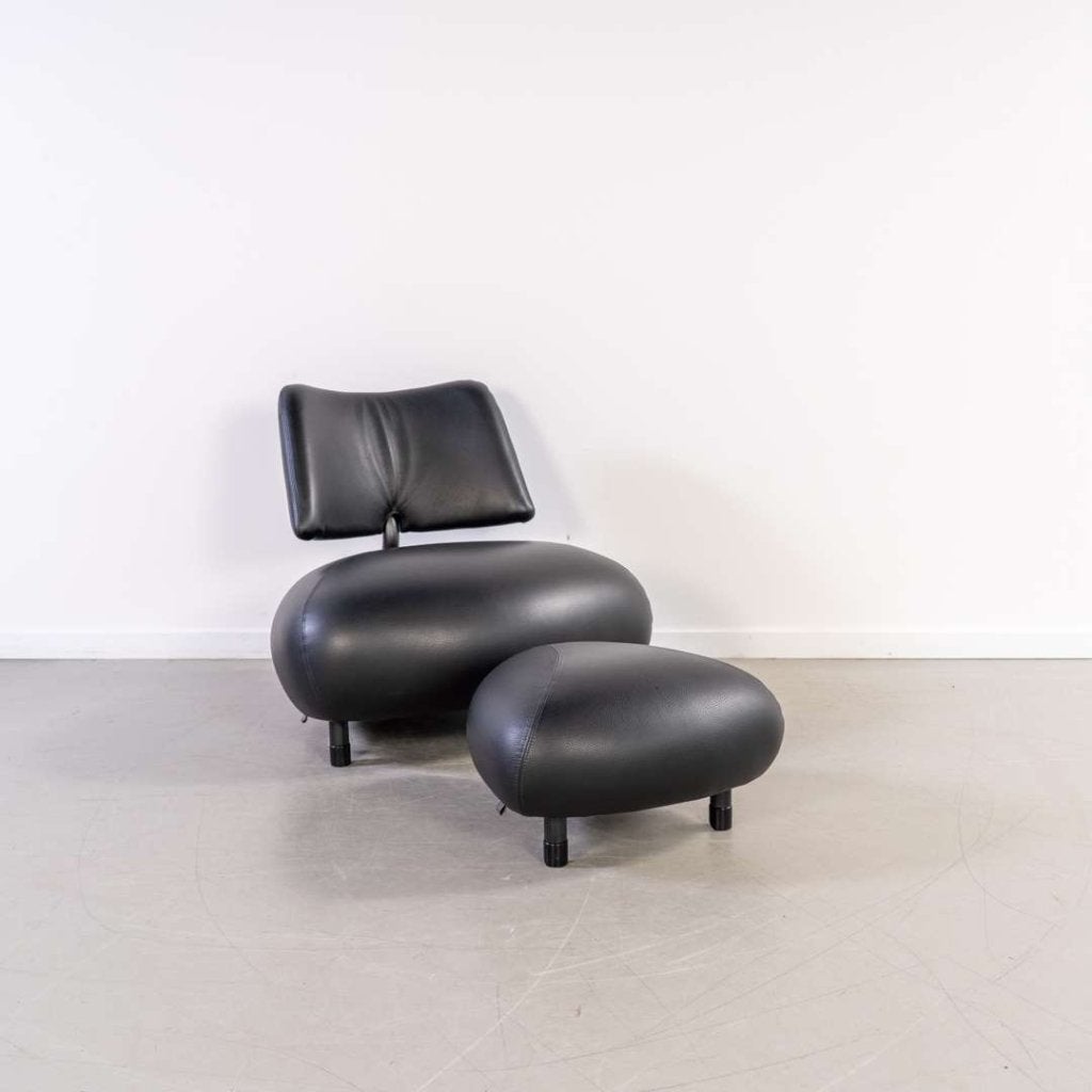 1x Leolux Pallone Fauteuil + Hocker Zwart Leer – Zwart Frame, Niet ingevuld, Niet ingevuld, 75 tot 100 cm, Ophalen of Verzenden