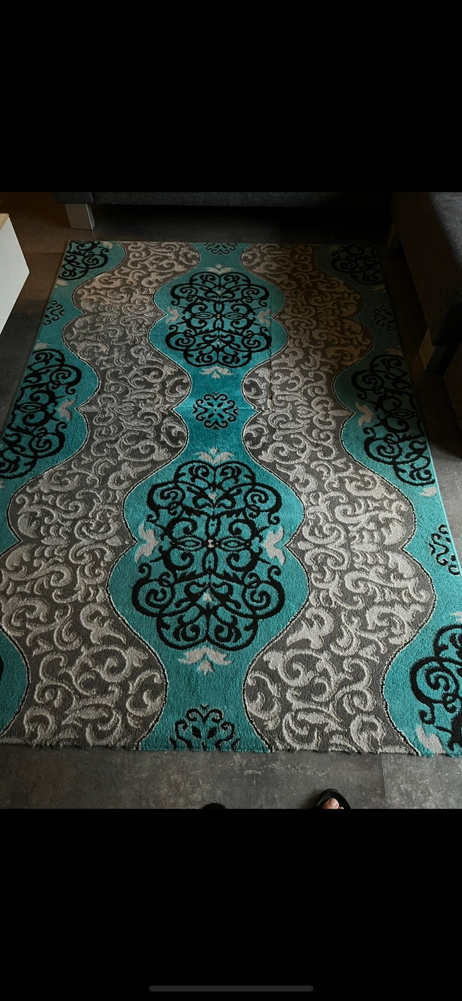Modern Tapijt met Turquoise en Grijze Patronen, Ophalen, 150 tot 200 cm, 200 cm of meer, Zo goed als nieuw