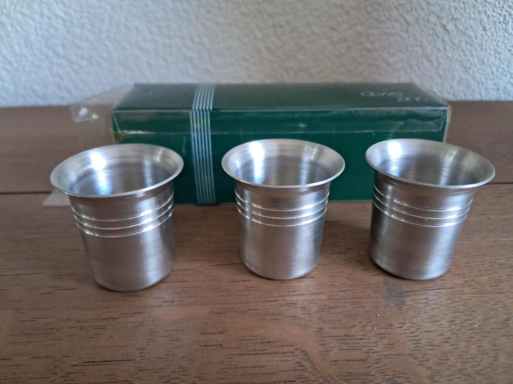 Set van 3 tinnen Alwe Zinn borrel bekertjes, Antiek en Kunst, Antiek | Tin, Ophalen of Verzenden