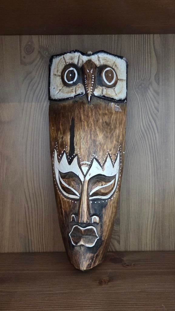 Houten masker met gezicht en uil, Ophalen of Verzenden