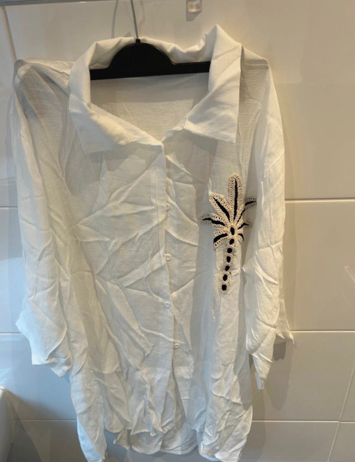 Witte blouse met palmboom borduursel - Maat L, Ophalen of Verzenden, Zo goed als nieuw, Maat 42/44 (L), Wit