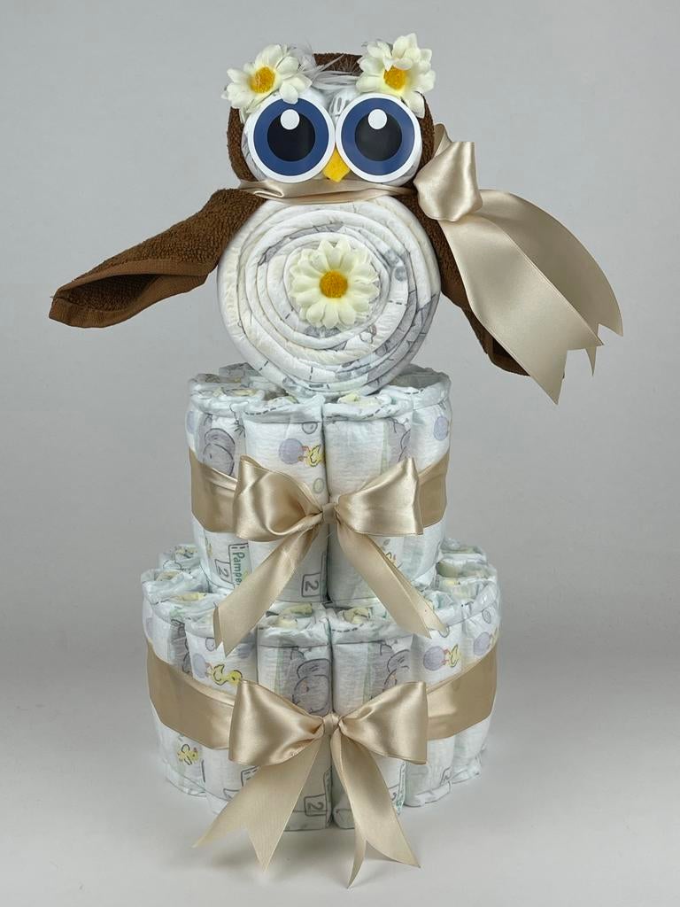 Luiertaart jongen meisje uil clay bruin beige, Ophalen of Verzenden, Nieuw, Kraamcadeau