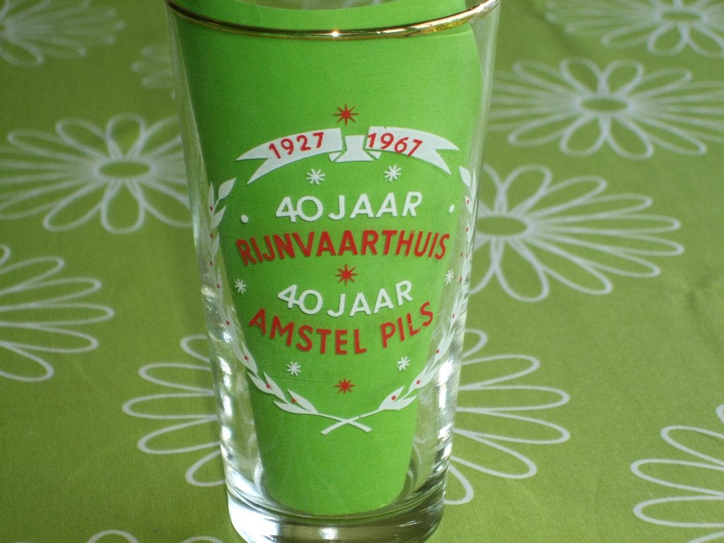 Vintage Amstel Pils 40 jaar Rijnvaarthuis 1927 - 1967 glas, Verzamelen, Ophalen of Verzenden, Zo goed als nieuw, Glas of Glazen