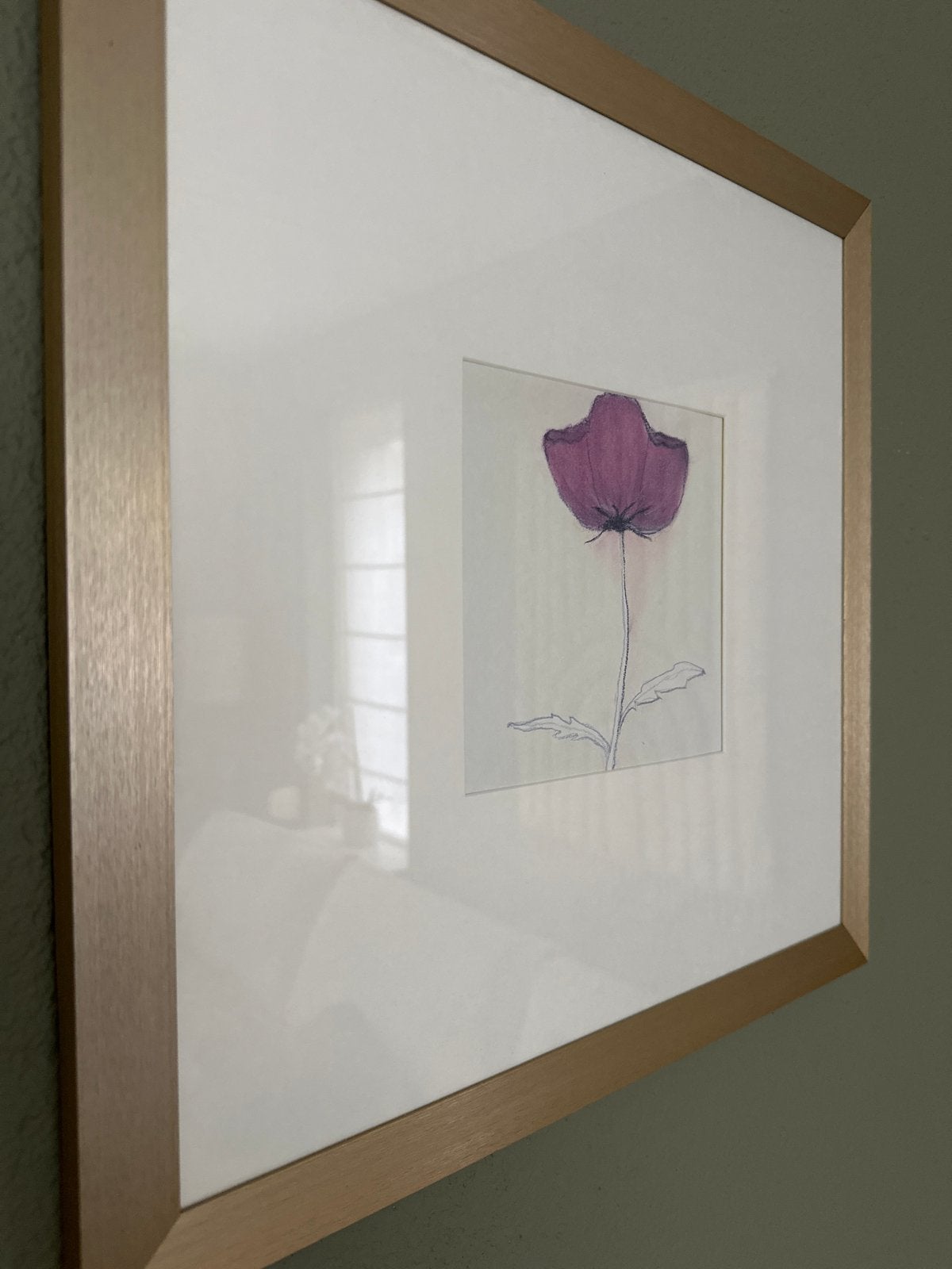 Ingelijste tekening van paarse bloem (45x45 cm), Ophalen, Tekening, Potloodtekening, Achter glas