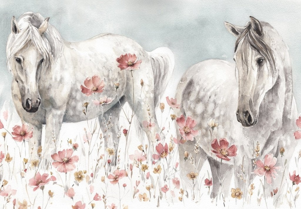 Witte Paarden fotobehang Bloemenveld | vlies- vinyl behang, Verzenden, Fotobehang