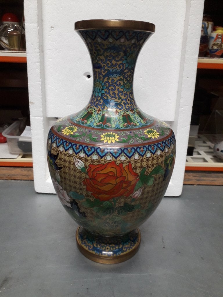 GROTE BRONZEN CLOISONNE VAAS I.Z.G.STAAT hoog 32,5 cm, Ophalen of Verzenden, Brons