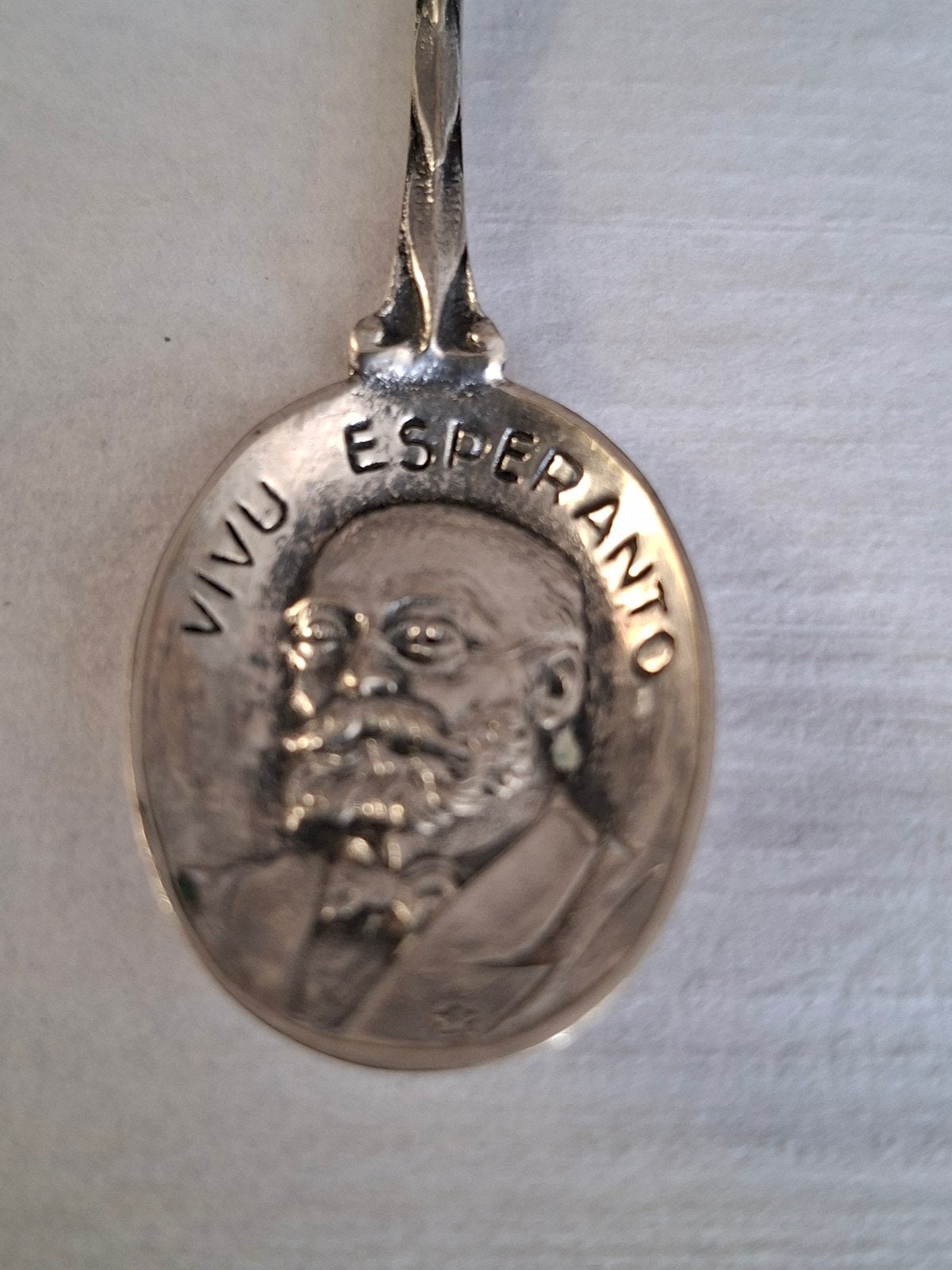 Verzilverde theelepel VIVU ESPERANTO met ster en portret, Ophalen of Verzenden
