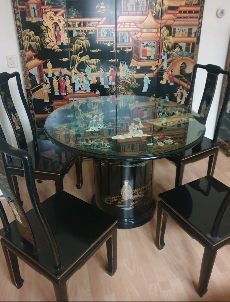 Chinese eettafel met 4 stoelen, Ophalen, Gebruikt, Rond, Glas