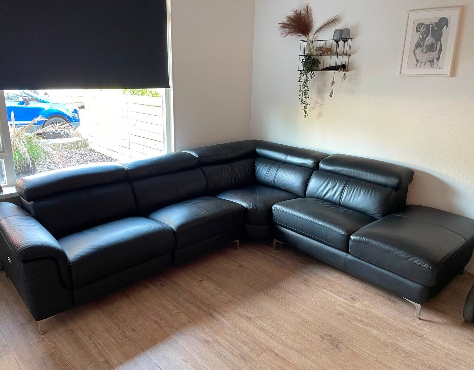 Luxe Zwarte Leren Hoekbank met Relaxfunctie, Ophalen, 250 tot 300 cm, Gebruikt, 100 tot 125 cm
