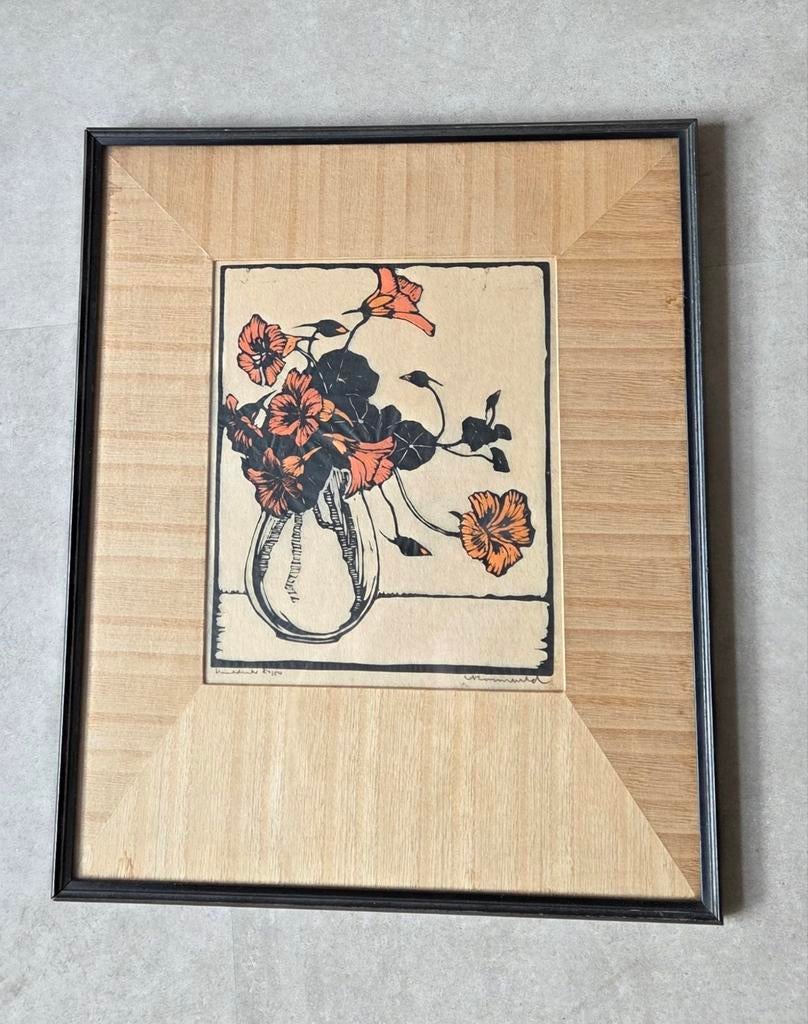 Arie Zonneveld - Houtsnede in originele lijst, Antiek en Kunst, Kunst | Etsen en Gravures, 1950 - 1999, Ingelijst, Ophalen of Verzenden