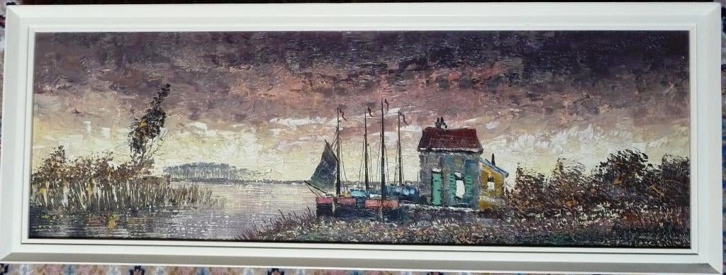 Boothuis aan het meer ~1960 - gesigneerd - doek - gelijst, Antiek en Kunst, Kunst | Schilderijen | Klassiek, Ophalen