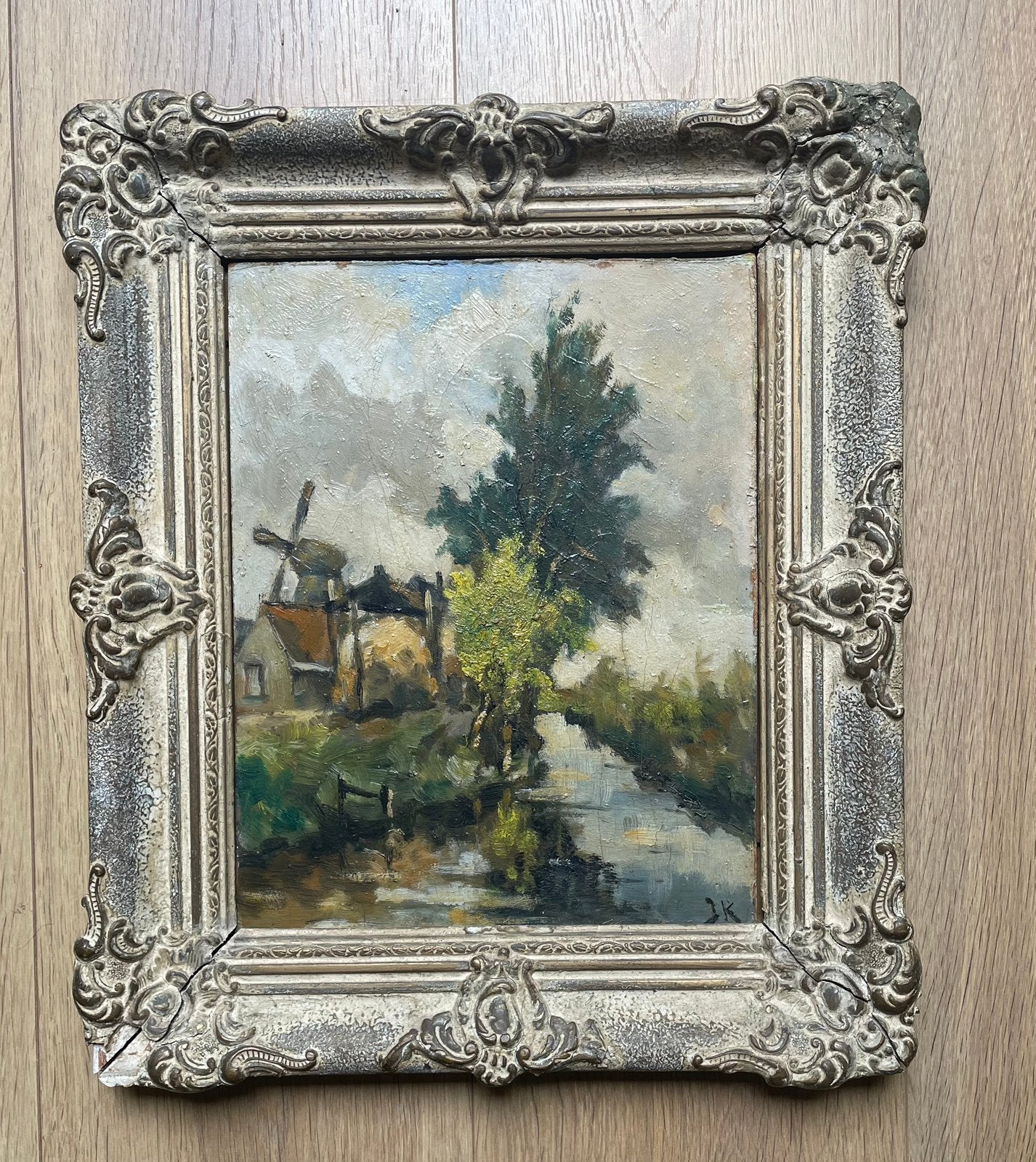 Schilderij op paneel molen gesigneerd, fraaie lijst, Ingelijst, Paneel, Oud hollands, Ophalen of Verzenden