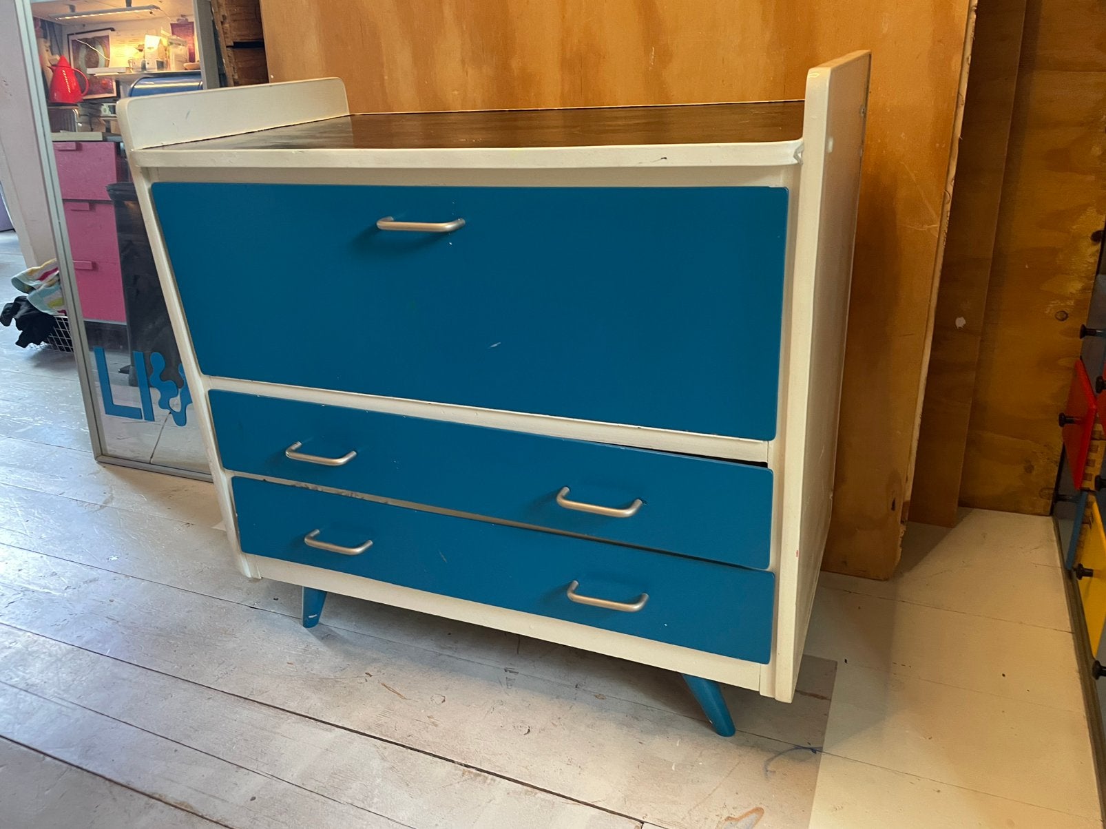 vintage commode kast ! turqoise petrol, Ophalen, 50 tot 100 cm, Zo goed als nieuw, 3 of 4 laden