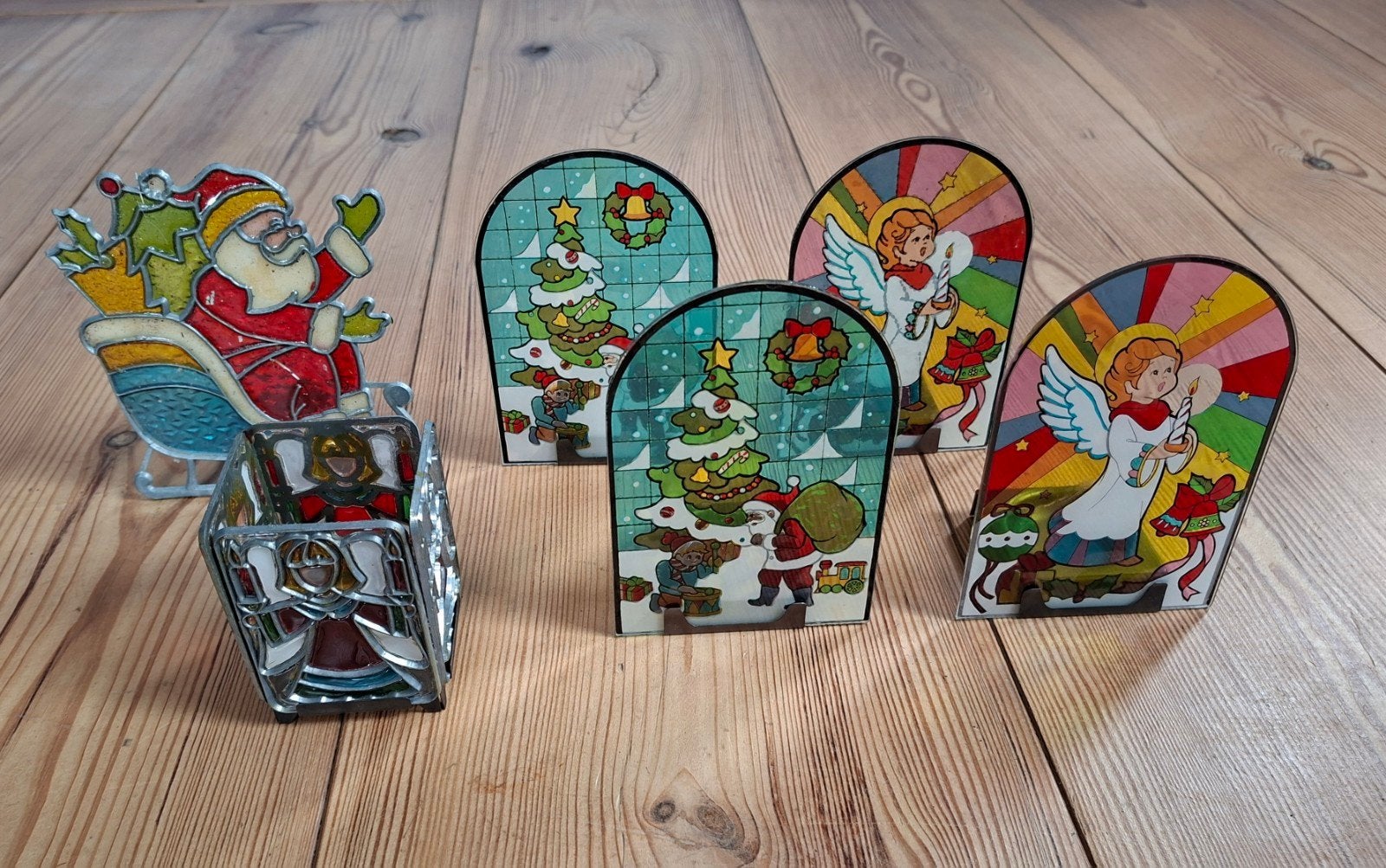 5 Vintage decoratieve glas in lood Kerst theelichthouders., Diversen, Ophalen of Verzenden, Nieuw