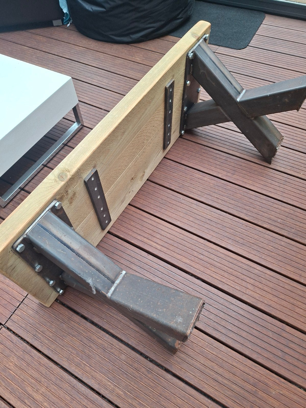 Houten bankje  met metalen onderstel, Ophalen, Minder dan 50 cm, Gebruikt, 100 tot 125 cm