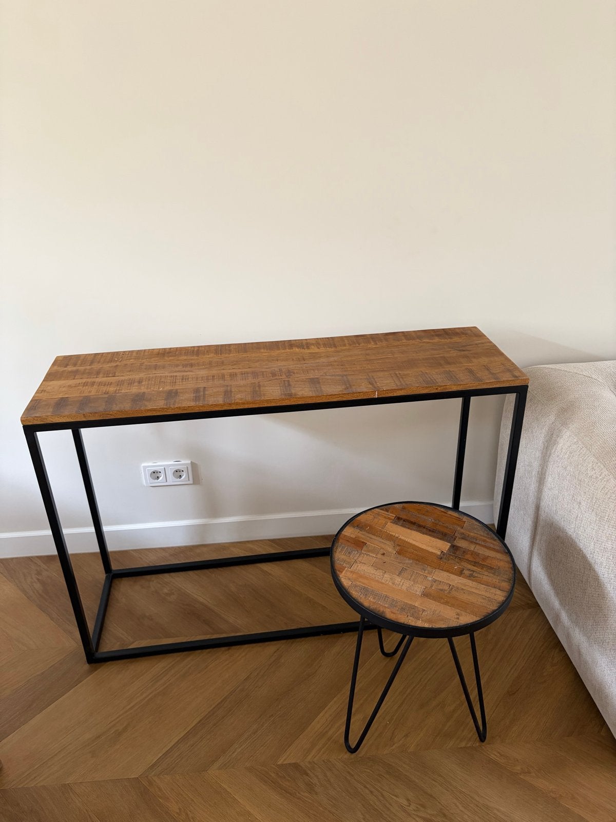 Industriële sidetable en bijzettafel hout en zwart metaal, Ophalen, Gebruikt, 75 cm of meer, 60 cm of meer