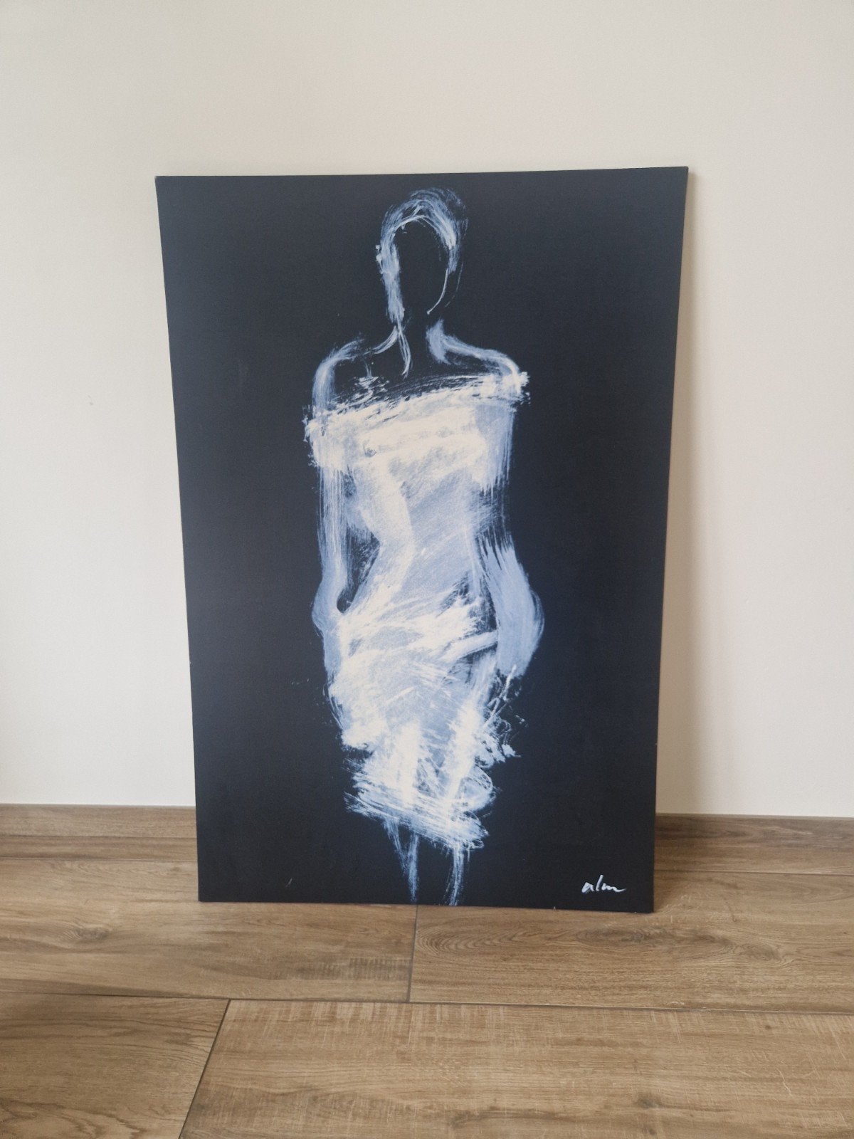 Abstract Vrouwenfiguur Schilderij - Wit op Zwart Canvas, Ophalen
