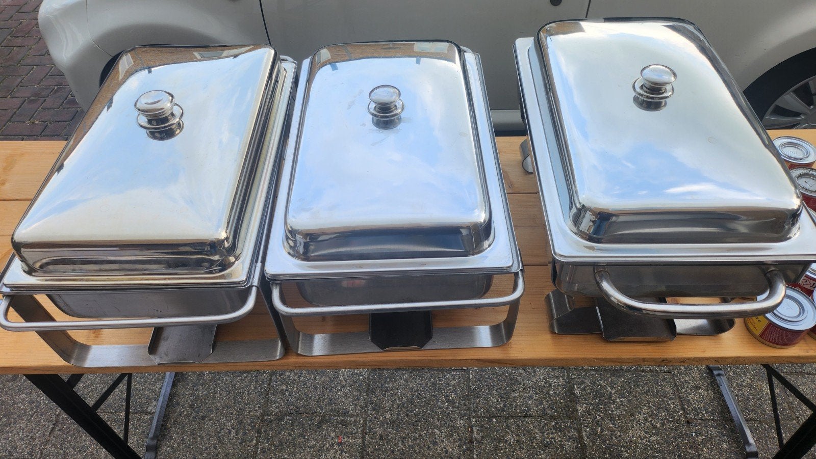 Shaving Dish 3 stuks gebruit plus 4 x sausen Dish plus dekse, Ophalen, Gebruikt, Rvs of Chroom