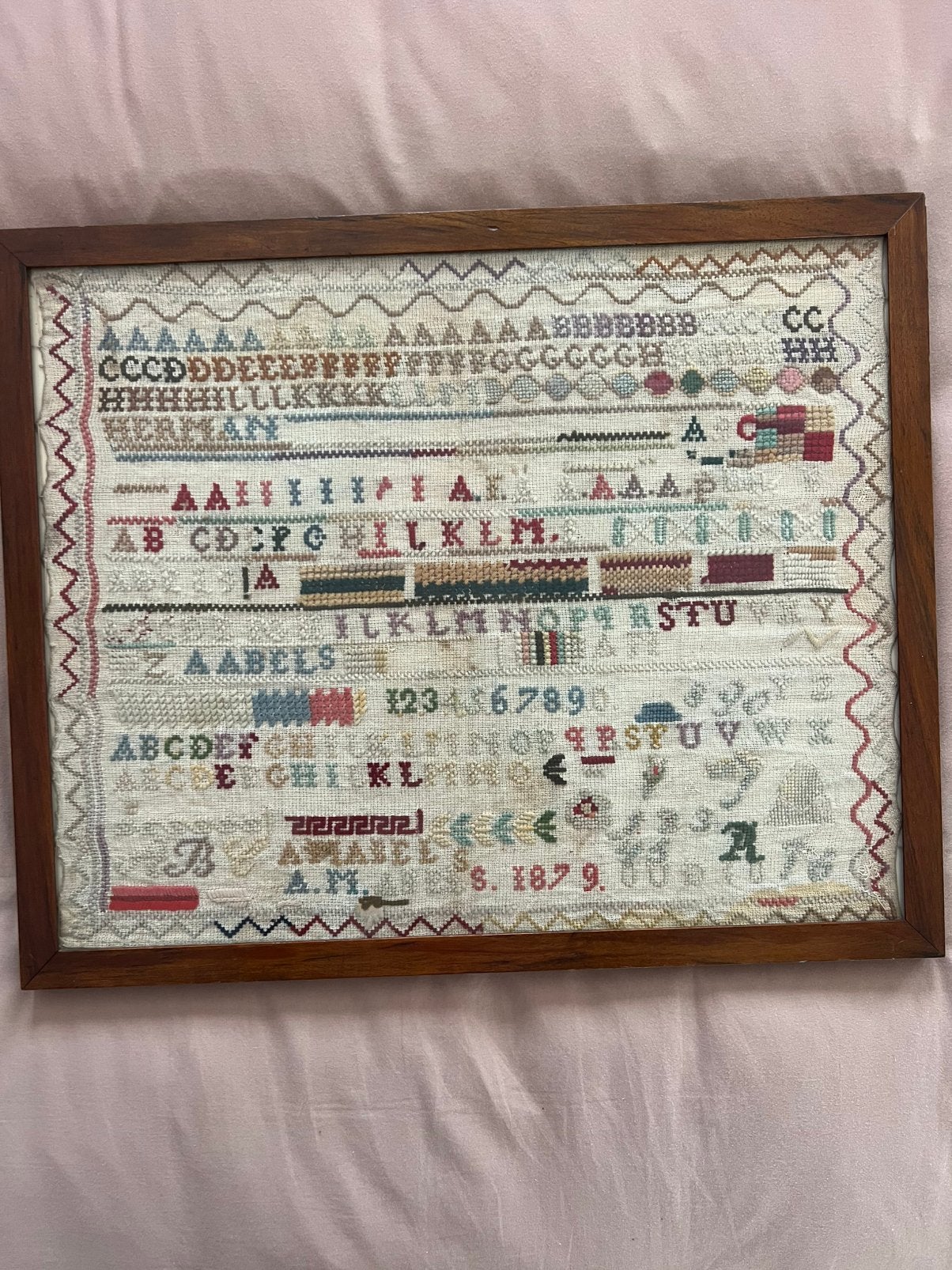 Antieke Merklap - Hand geborduurd uit 1879, Ophalen, Gebruikt, Handborduren, Overige typen