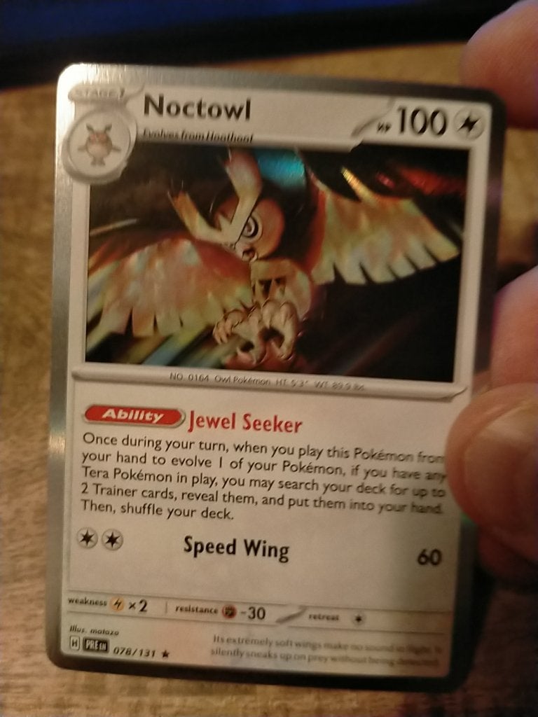 Pokemon Prismatic Evolutions , Noctowl holo 78/131, Verzenden, Zo goed als nieuw, Losse kaart