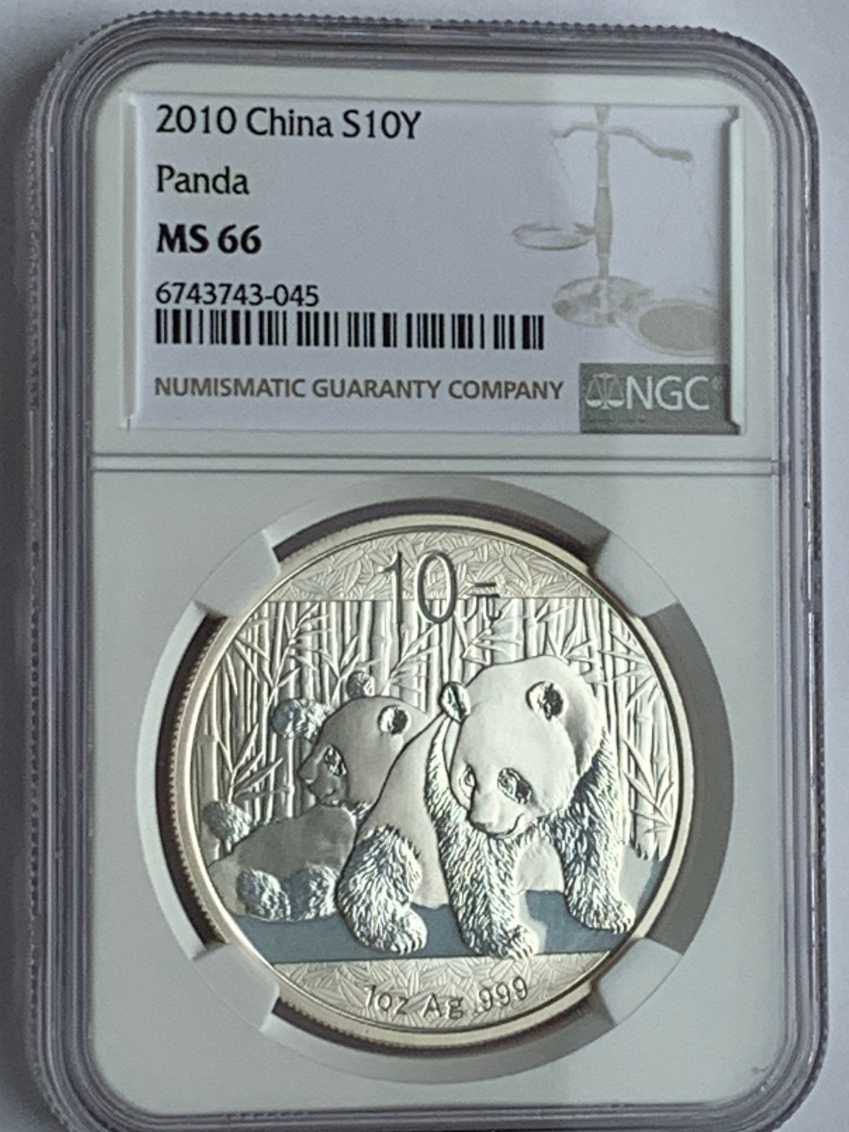 Zilveren 1 oz panda 2010 in slab kwaliteit ms66, Ophalen of Verzenden, Zilver