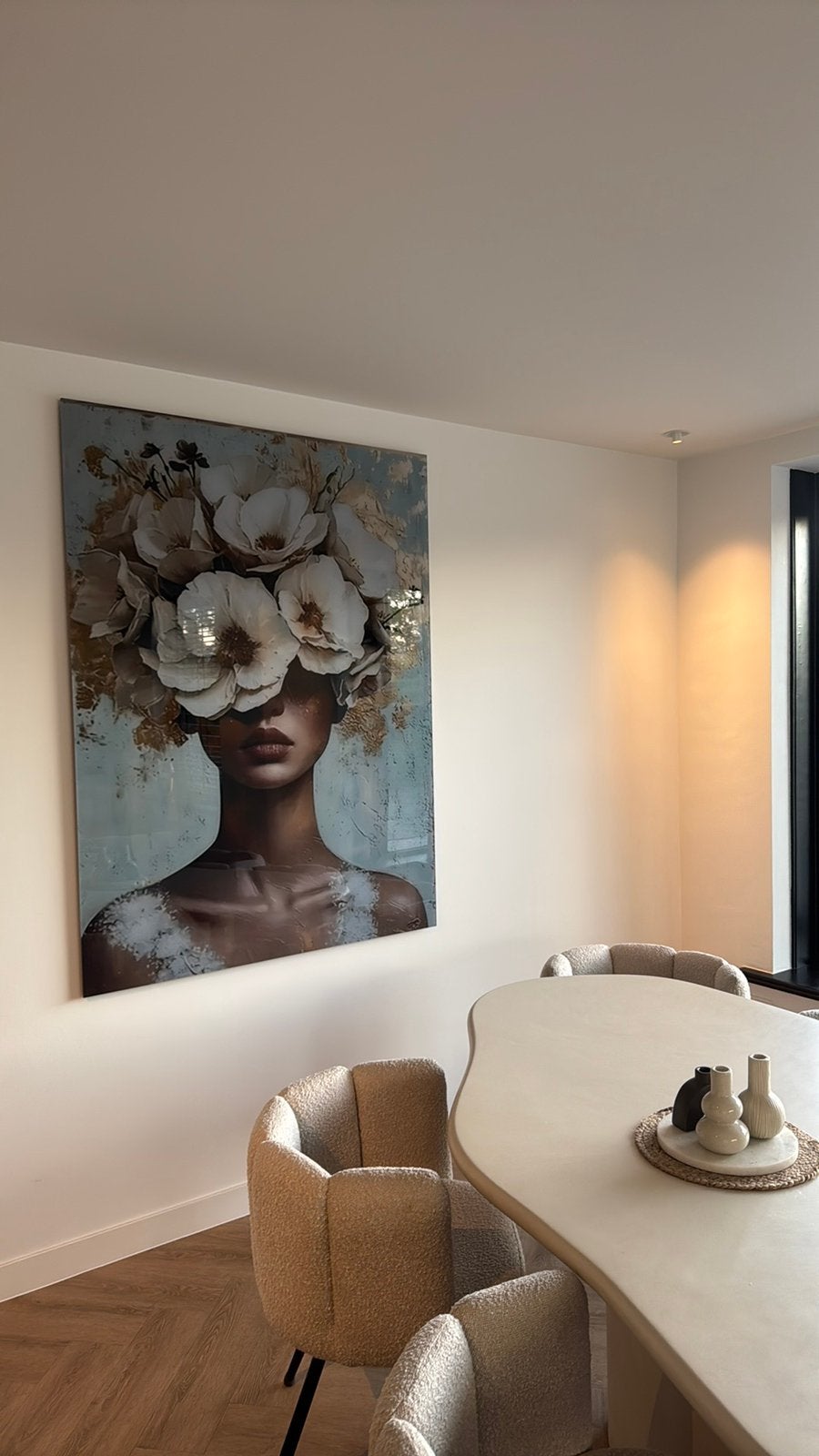 Plexiglas schilderij vrouw bloemen, Huis en Inrichting, Ophalen, Zo goed als nieuw, 100 tot 125 cm, Overige typen
