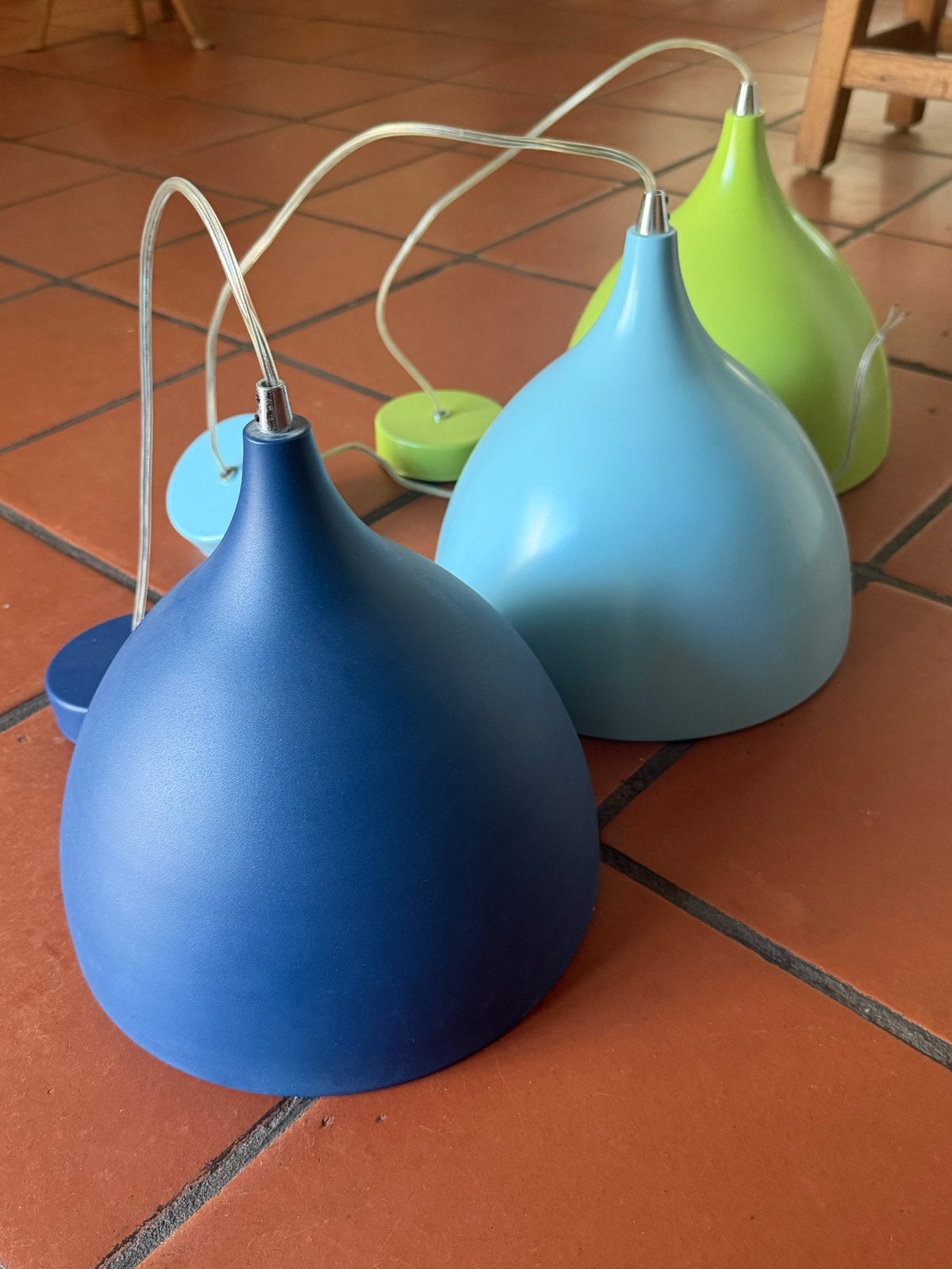 Set van 3 kleurrijke hanglampen - Blauw, Lichtblauw, Groen, Huis en Inrichting, Lampen | Hanglampen, Ophalen, Gebruikt, Metaal