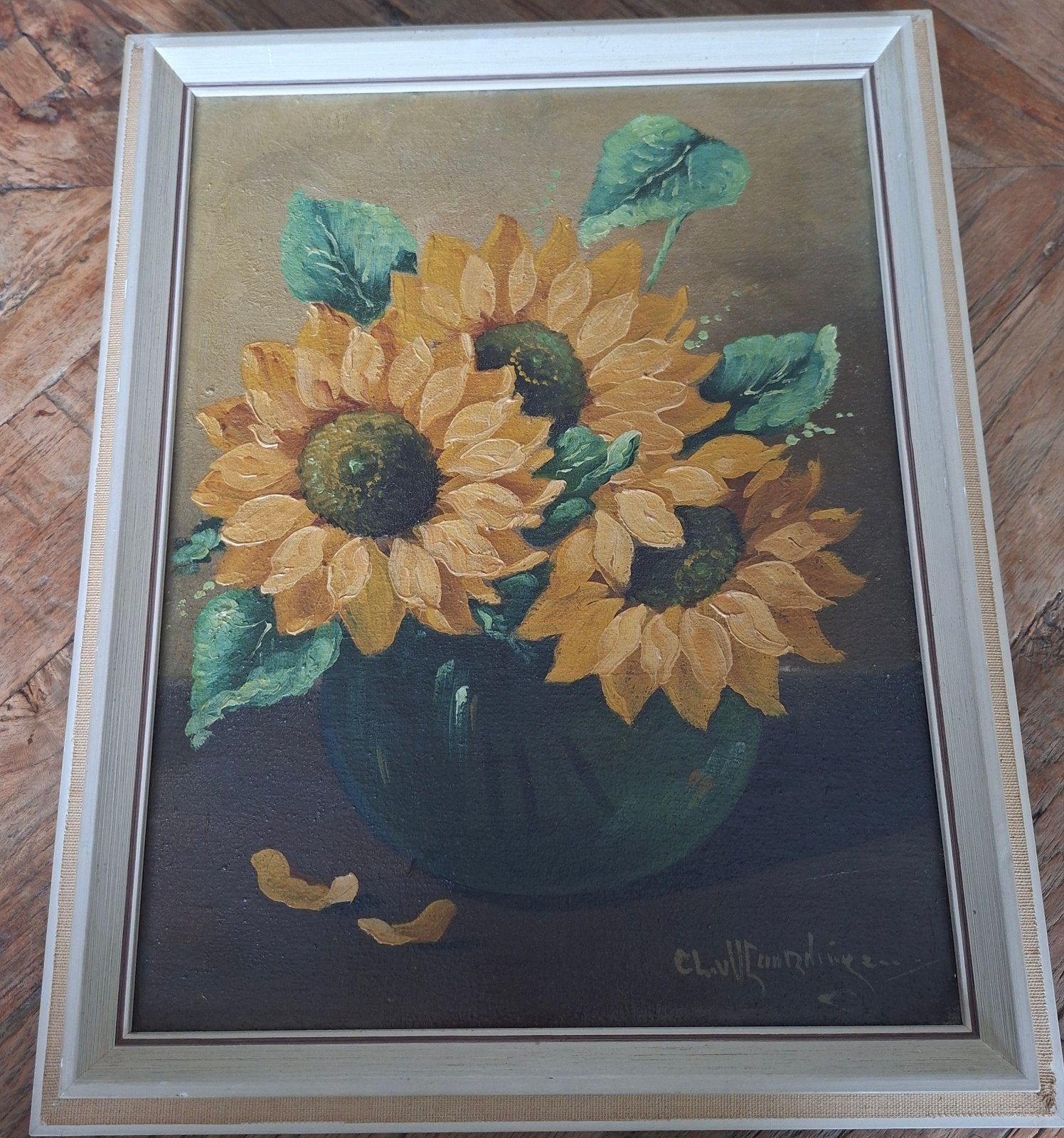 Olieverf schilderij zonnebloemen met lijst , gesigneerd, Ophalen