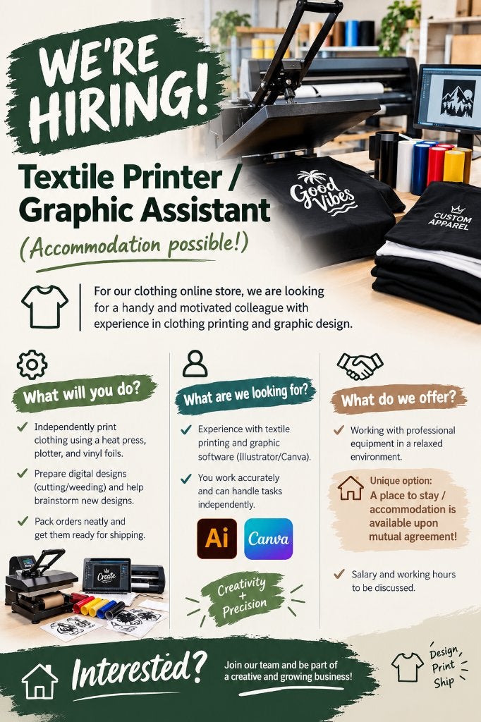 GEZOCHT Textiel Bedrukker / Graphic Assistant, 33 - 40 uur, Overige niveaus, Starter, Overige vormen
