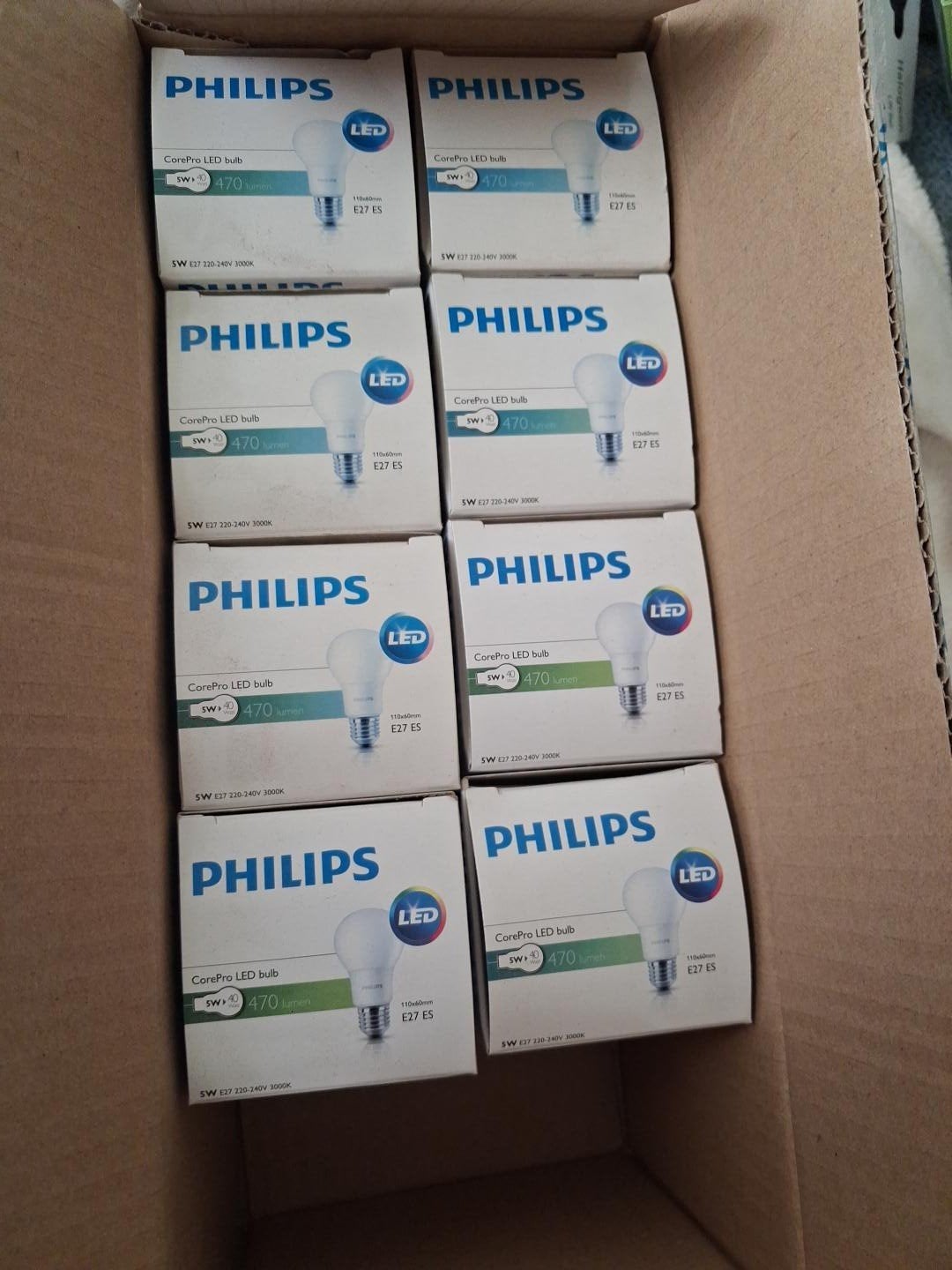 8 Philips CorePro LED lampen E27 5W (vervangt 40W) 3000K, Kunststof, Modern, LED, Nieuw