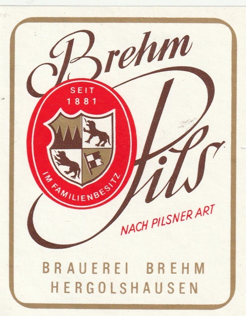 oud bieretiket Duitsland Brehm Hergolsheim Pils, Verzenden, Zo goed als nieuw, Overige typen, Overige merken