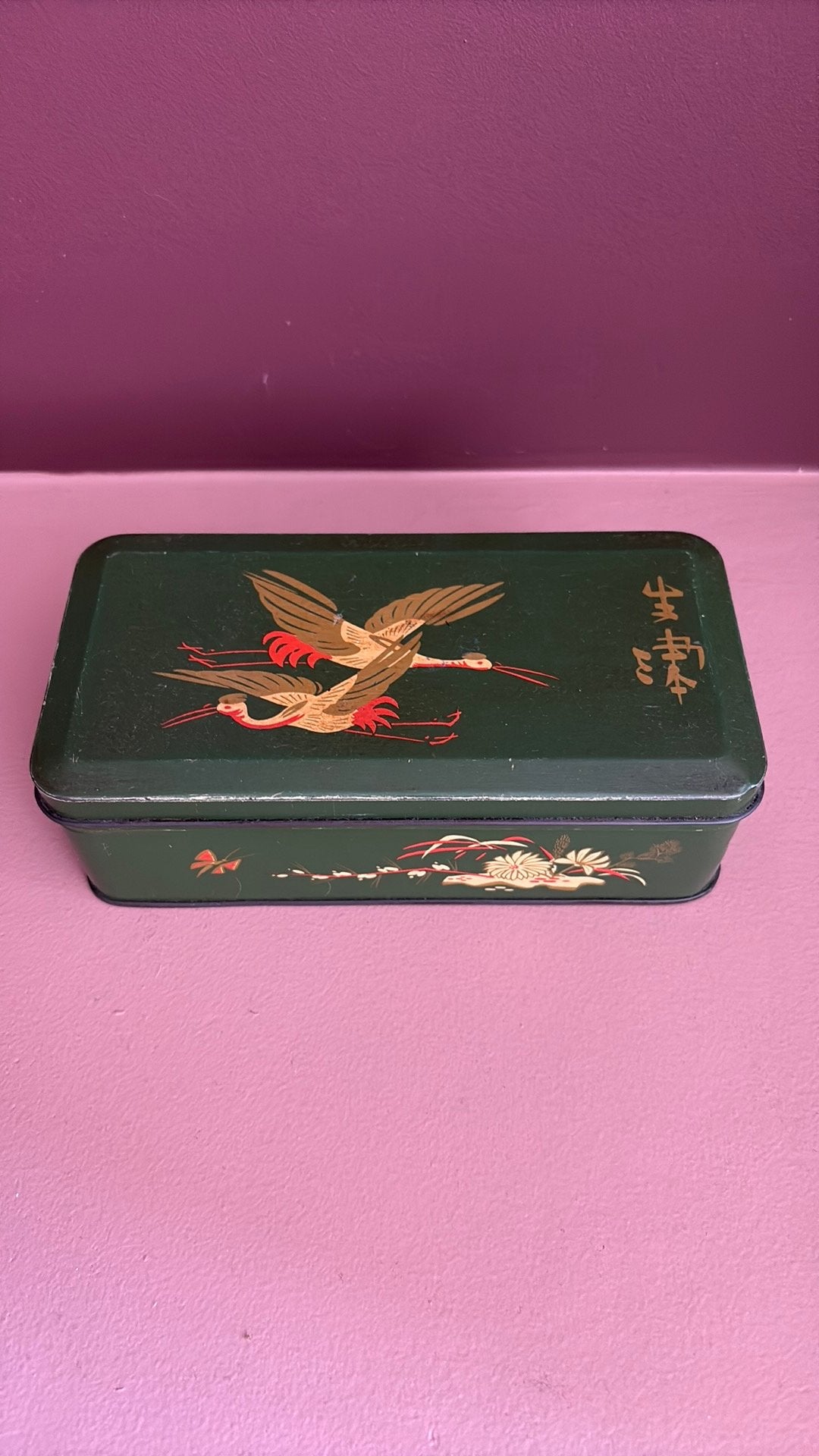 Vintage blikken doos met kraanvogels - Super goede staat, Verzamelen, Blikken, Ophalen of Verzenden, Zo goed als nieuw, Overige